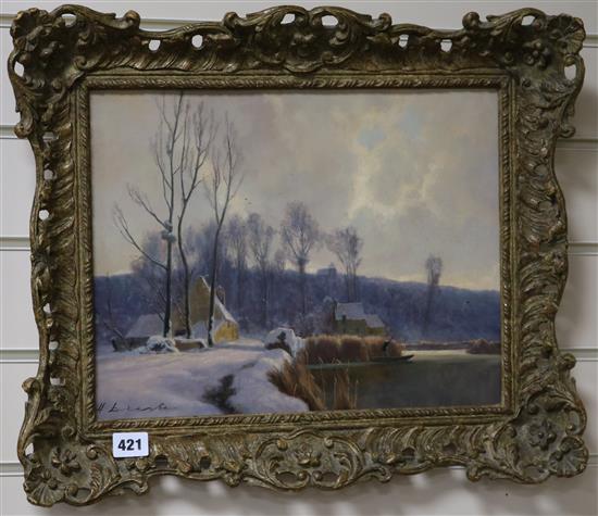 Herman Dieste (German b.1931), oil on canvas, River landscape under snow, signed, (Gladwell label verso), 30.5 x 41cm